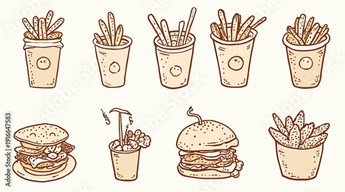 Cute hand-drawn vector collection of various french fries cups and delicious burgers