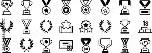 Collection of black trophy silhouettes award icons set isolated on white background cad drawing flat vector illustration for victory and success design