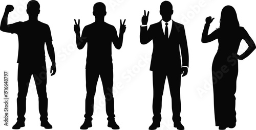Black silhouette collection of diverse people including professional business adults gesturing and children standing in a row profile view flavector