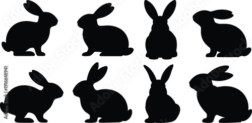 Black Rabbit Silhouette Vector Set Featuring Various Bunny Poses and Shapes for Easter Design Wildlife Nature and Animal Graphic Illustration Elements