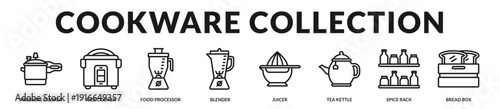 Versatile cookware and countertop equipment set designed for efficient meal preparation and organized kitchen management. in Lineal Icon Style