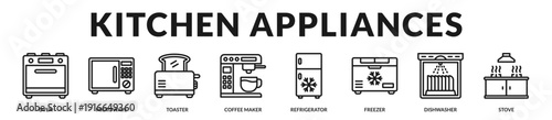 Modern kitchen appliance collection designed for efficient food preparation, storage, and household convenience solutions. in Lineal Icon Style