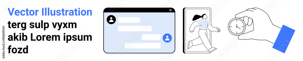 Fototapeta premium Digital communication, online security, smartphone usage, interface elements, navigation tools, user activities. Messaging interface, person exiting phone hand holding a compass. Digital