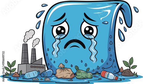 Sad crying water drop character polluted by trash and factory waste, environmental cartoon illustration highlighting water pollution, ecology damage, 