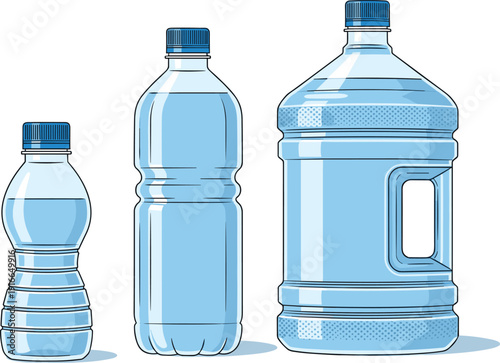 Three Plastic Water Bottles of Different Sizes blue bottles clear bottles screw on caps