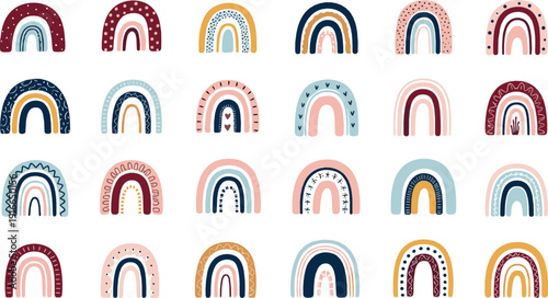 Cute rainbow arches pattern set with pastel colors and hand drawn textures perfect for kids design, nursery decor, and playful flat vector backgrounds