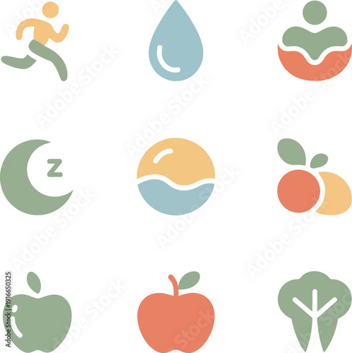 Healthy lifestyle icons set, exercise, water, sleep, food, minimal flat vector icons