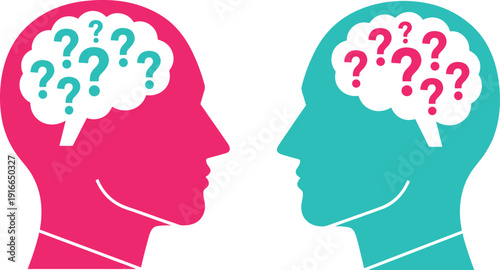 Two Heads with Question Marks in Thoughts human heads pink teal