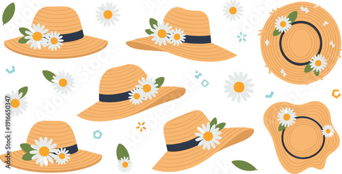 Cute Straw Summer Hat Illustration Set with Daisy Flowers, Leaves, and Beach Accessories for Fashion Graphics, Seasonal Designs, Stickers, and Vector Art