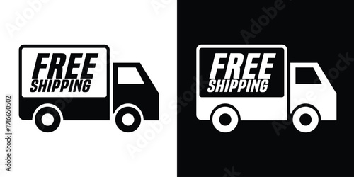Description: Vector illustration of a delivery truck icon with "FREE SHIPPING" text. Minimalist black and white design for e-commerce, logistics, and shipping promotion