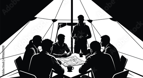 Black and White Silhouette of People Sitting Around Table inside Tent Planning Map for Outdoor Adventure Camping Expedition Teamwork and Strategic Leadership Concept