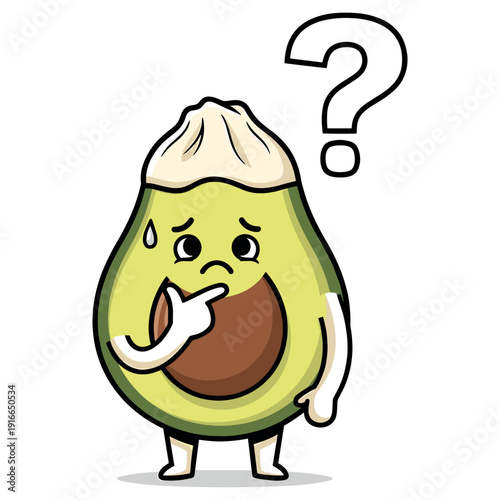 Confused cartoon avocado character with a question mark over its head isolated on white