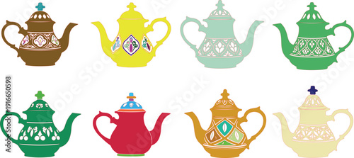 Colorful ornate teapots with intricate patterns and