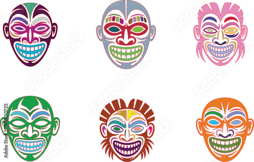 Colorful tribal masks with exaggerated expressions