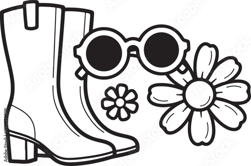 Pair of Boots with Sunglasses and Flowers Line black and white