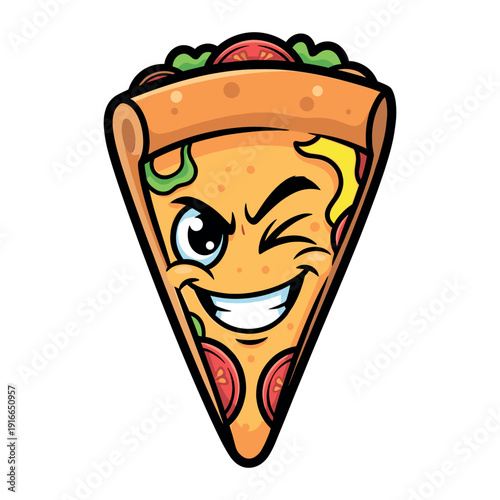 Funny cartoon pizza slice character winking and smiling with happy emotion and great expression