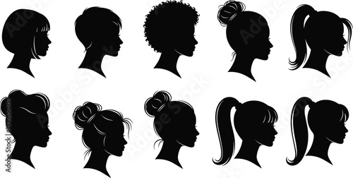 Black Silhouettes of Woman Head Profile with Different Hair Styles for Beauty Salon Fashion Haircut Female Avatar and Girl Hairstyling Vector