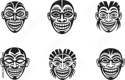 Six Black and White Tribal Face Masks with Expressive