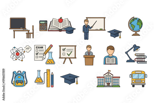 Education icons set with school and learning related illustrations