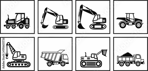 A grid of simple, black and white line art icons representing various construction vehicles. The vehicles are arranged in three rows and columns, with each icon depicting a different type of machinery