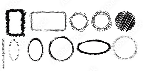 Hand drawn texture doodle shapes. Vector ink illustration. Crayon chalk charcoal pastel stroke square circle oval ellipse collection. 