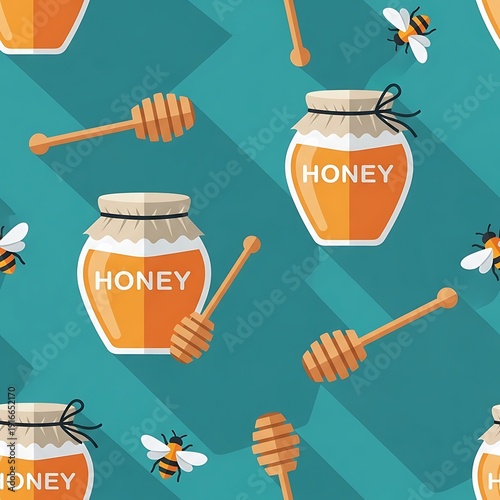 Honey jars and bees create a sweet, repetitive pattern on a teal background.