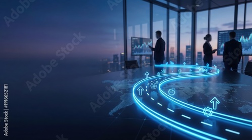 Strategic journey planning roadmap global business milestone urban office environment digital map viewpoint