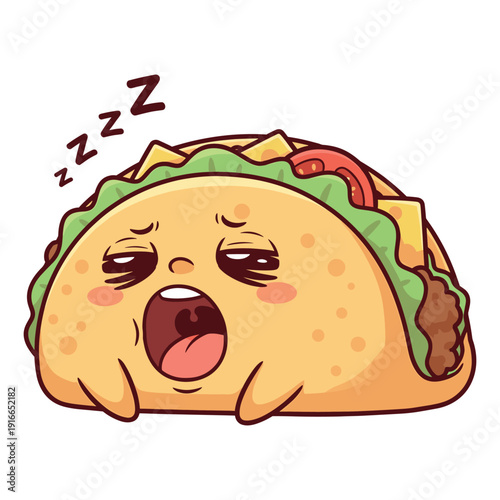 Tired yawning taco character sleeping with zzz above head exhausted and sleepy food illustration