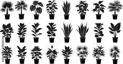 Collection of decorative potted plant silhouettes in grid arrangement, showcasing diverse indoor foliage, botanical variety, natural design, and ornamental greenery.