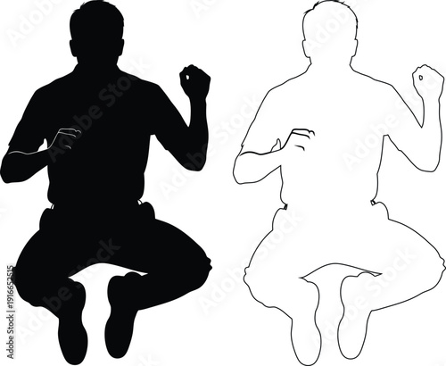 Contrast silhouettes of a person in a squatting and crouching pose with arms raised