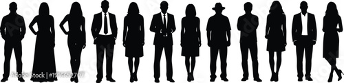 Diverse Group of Professional Business People Silhouettes in Suits Standing in a Row Isolated on White Background for Corporate Teamwork