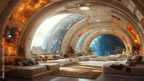 Futuristic lounge with cosmic view and decor
