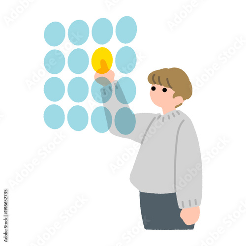 浮かぶ複数の円形ボタンから一つを指差して選ぶ人物のフラットイラスト 選択操作のイメージ