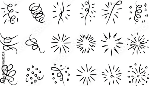 Hand drawn doodle element set with swirls sparkles and confetti bursts in line art style