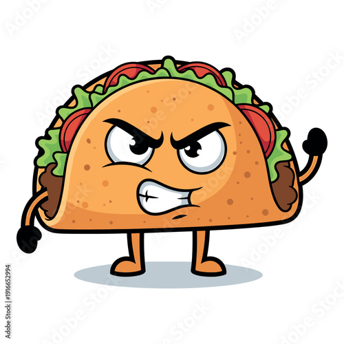 Angry cartoon taco mascot character clenching teeth and raising fist, food illustration hot spicy