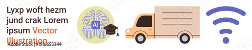 AI innovation, delivery services, wireless connectivity, technology integration, automation, smart transportation. A brain with AI, a truck and wireless signal icon. AI innovation and delivery