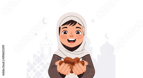 Woman holding dates in hands with mosque background during ramadan