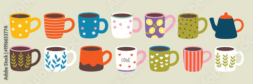Collection of colorful ceramic mugs and teapot with patterns and illustrations on a neutral background