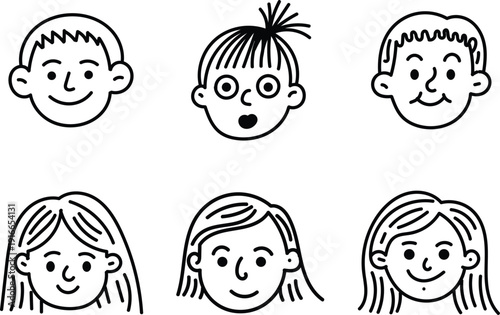 Hand drawn doodle avatar set, minimalist line art character faces and diverse people portraits