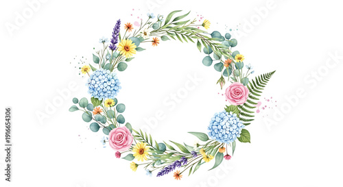 Floral wreath with pink roses, blue hydrangeas, and eucalyptus leaves isolated on transparent background