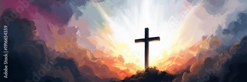 Wooden cross against an abstract sky. Symbol of faith and hope. Easter background for religious celebration and spiritual devotion.