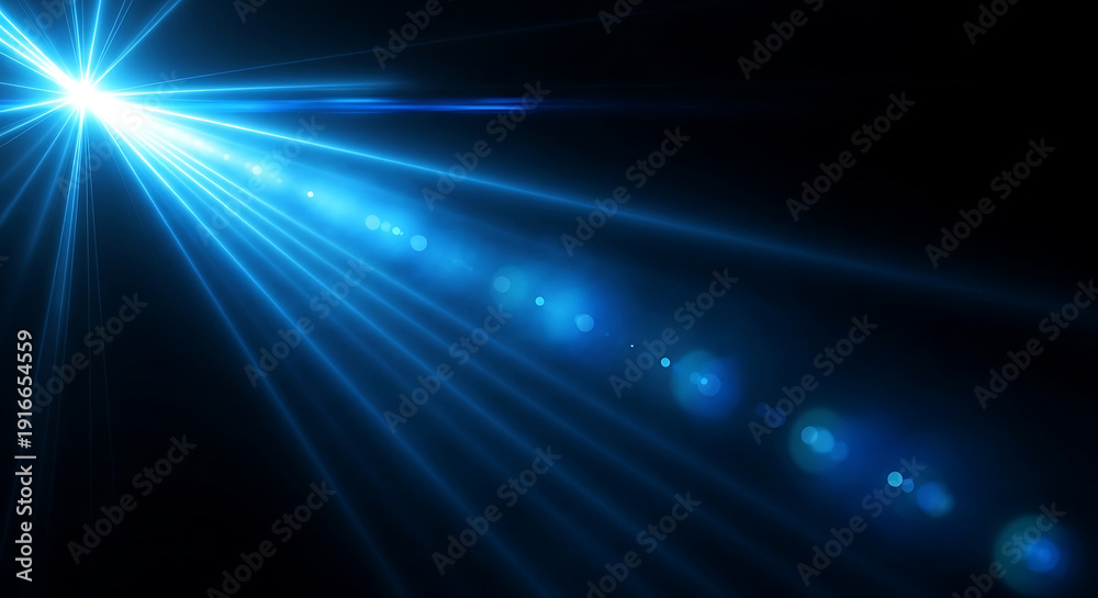 Fototapeta premium bright blue light effect radiating with dynamic rays and optical lens flare on a dark background illustrating technology digital energy.