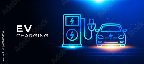 Neon EV charging station with electric car futuristic energy concept vector illustration.
Clean power technology smart mobility transportation background. banner design