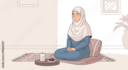 Woman sitting peacefully on prayer mat in serene minimalist environment
