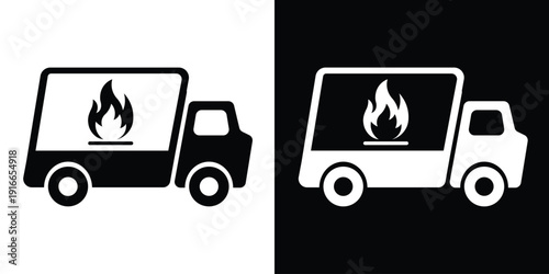 Flammable and hazardous material transport truck icon. Cargo van featuring a fire flame symbol. Minimalist black and white vector for gas delivery, fuel transport, and hazard warning signs.