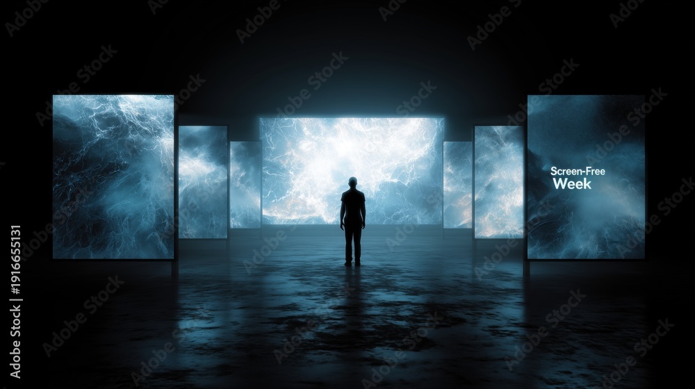 Fototapeta premium Screen-Free Week: dark conceptual banner, human silhouette surrounded by towering glowing screens in darkness, feeling of isolation and psychological pressure, cinematic dramatic lighting