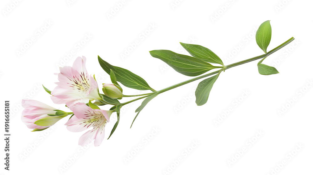 Obraz premium Delicate pink flowers with green leaves on a white isolated background.