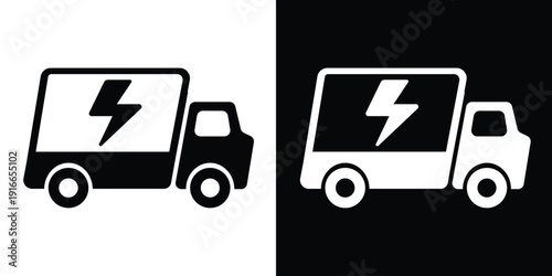 Fast electric delivery truck icon. Features a lightning bolt symbol on a cargo van. Vector illustration for rapid EV shipping, emergency electrical service, and high-speed energy transport.