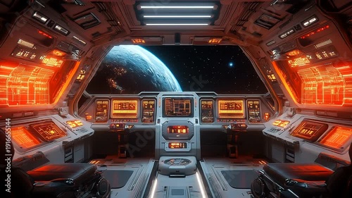 Futuristic spaceship cockpit with glowing controls and Earth view