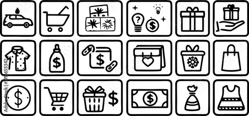 A grid of thirty black and white icons, each enclosed within a square frame, arranged in a six-by-five formation. The icons represent various objects and concepts associated with shopping, commerce, a